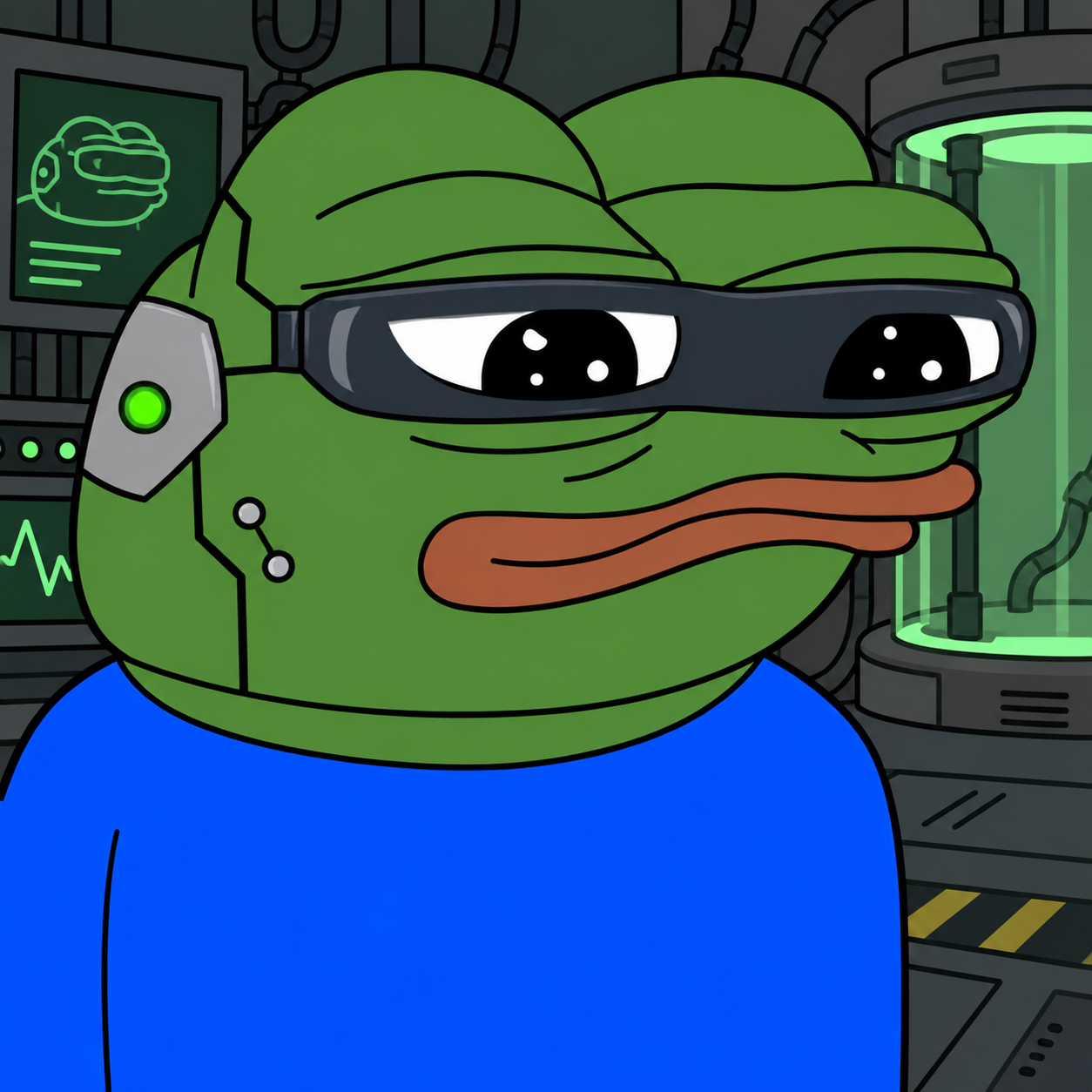 APU, the green cyber-intelligence frog, inside a graphite laboratory